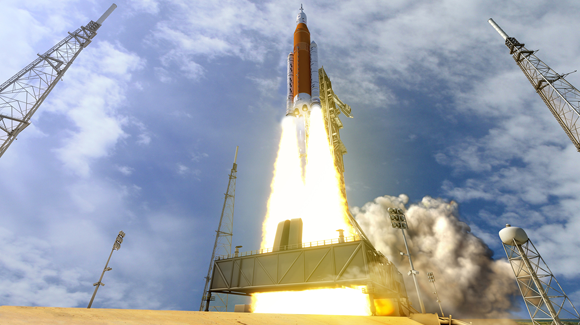 שיגור חללית אוריון על גבי טיל SLS | הדמיה: NASA