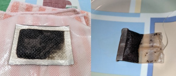 Similar to a tea bag, a wet pad changes its color. A used tea bag (right) and a pad soaked with water (left) | Image: Noam Leviatan