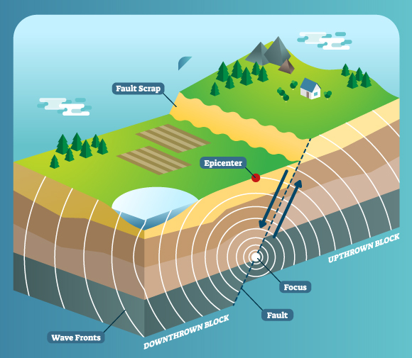 תנודות של שתי פיסות של לוח טקטוני זו ביחס לזו גורמות לרעידת אדמה | איור: VectorMine, Shutterstock