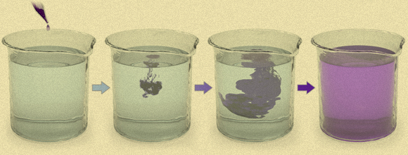 כך נראית דיפוזיה: התפשטות של צבען סגול בתוך כוס מים | מקור: BruceBlaus, ויקיפדיה