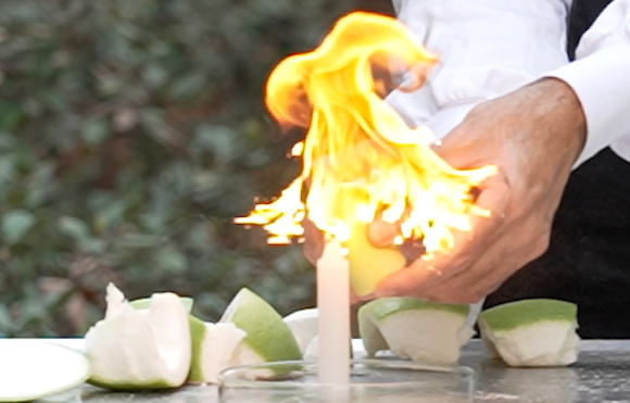 שמן דליק בקליפות של פרי הדר חורפי. אבי סאייג מצית קליפות של פומלית | צילום: מכון דוידסון לחינוך מדעי