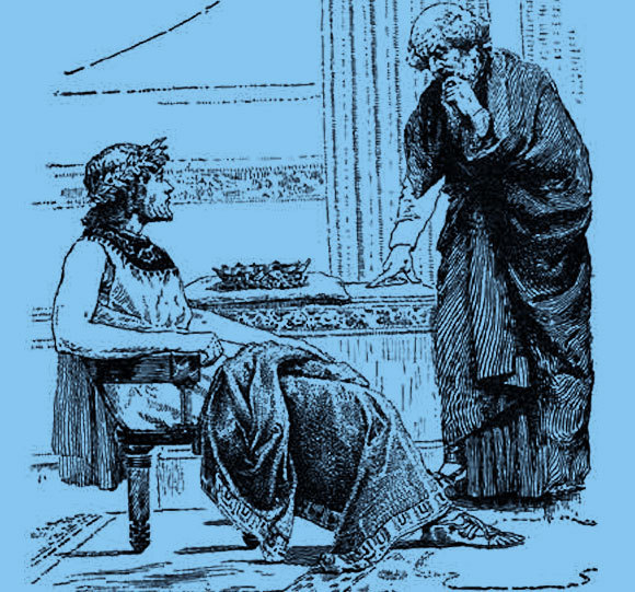 המלך מוסר את הכתר לידי החכם הקשיש. בפועל ארכימדס היה צעיר מהמלך ב-20 שנה | ציור: אמן לא ידוע