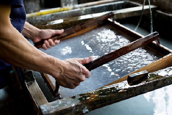 אדם מדגים הכנה מסורתית של נייר ביפן | Mint Images, Science Photo Library