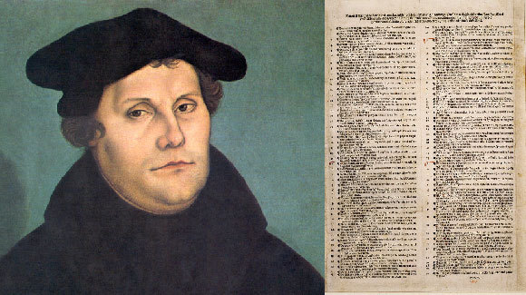 מרטין לותר לצד מסמך מודפס של 95 התזות | ויקיפדיה, צייר: Lucas Cranach the Elder  