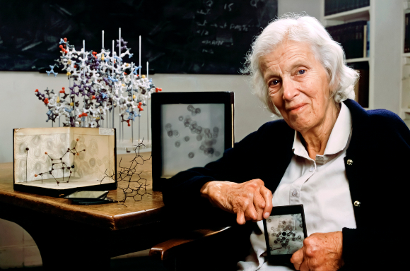 בין קריסטלוגרפיה לפוליטיקה. קרופוט-הודג'קין ב-1989 עם דגמים של כמה מהמולקולות שאת המבנה שלהן פענחה | מקור: CORBIN O'GRADY STUDIO / SCIENCE PHOTO LIBRARY