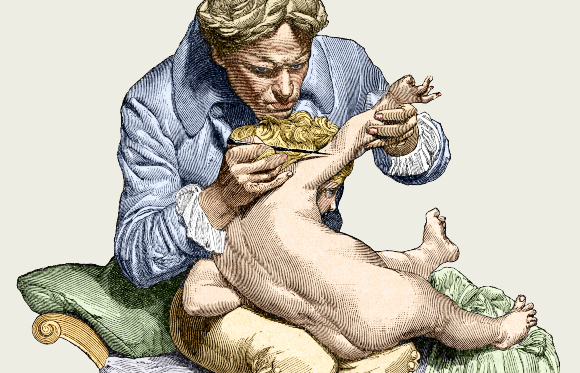 ג'נר מחסן את בנו התינוק. איור מתוך ספר בריטי על גיבורי האומה מסוף המאה ה-19 | מקור: SHEILA TERRY / SCIENCE PHOTO LIBRARY