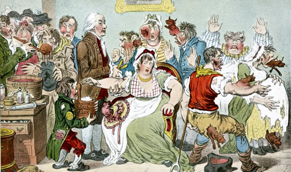 איור סטירי המראה אנשים מגדלים חלקי גוף של פרות בעקבות החיסון של ג'נר | מקור: SCIENCE PHOTO LIBRARY