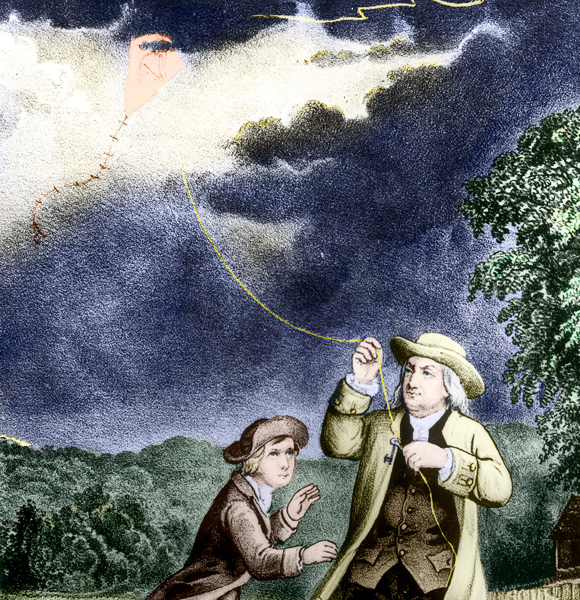 אחד הניסויים המפורסמים בהיסטוריה. פרנקלין בוחן את החשמל בעננים בעזרת עפיפון | מקור: Science Photo Library