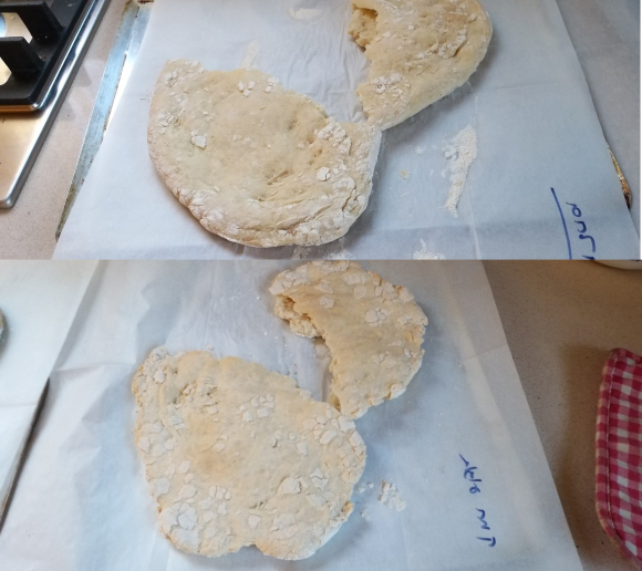 عجينة بيتزا بدقيق الخبز (العُليا) مقارنة بنفس العجينة لكن بدقيق الكعك (السُّفلى) | تصوير: دافنا مندلر