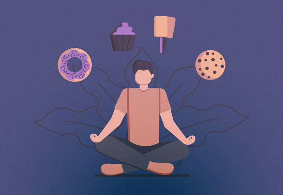 رسم توضيحيّ لرجل في وضعيّة التّأمّل (meditation) يفكّر في الأطعمة الحلوة | Shutterstock