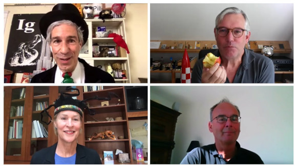 שניים מהזוכים באיג נובל ברפואה (מימין), ומייסד הטקס מארק אברהמס וכלת פרס נובל פרנסס ארנולד | צילום מסך מטקס איג נובל 2020