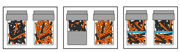 היחסים בין האסימונים הנכונים, בשחור, ללא-נכונים, בכתום. משמאל ובאמצע - שני השלבים של הניסוי הראשון, מימין - הניסוי השני | מתוך המאמר