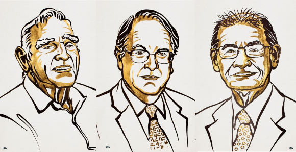 הסוללות שהניחו את הבסיס למהפכת האלקטרוניקה. משמאל: גודינאף, ויטינגהם ויושינו | איורים: אתר פרס  נובל