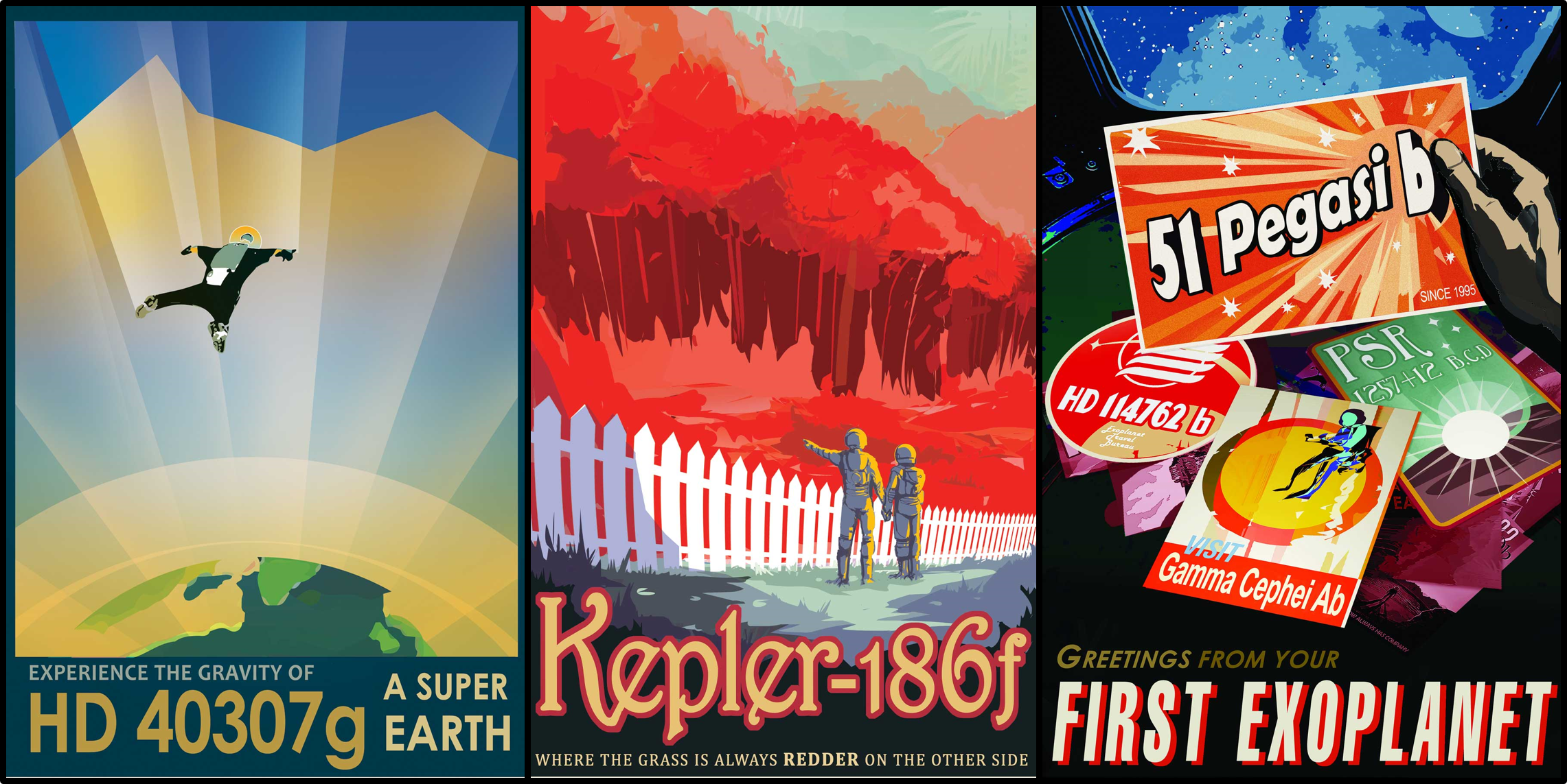 פוסטרים של "טיולים" לכוכבי לכת מחוץ למערכת השמש. מימין: Pegasi 51b, הראשון שהתגלה | NASA