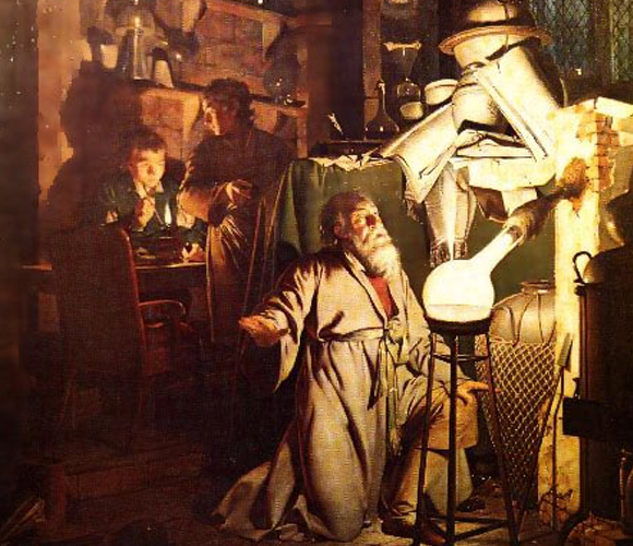 לא הכירו את מבנה האטום. אלכימאי ועוזרו בעבודה, ציור של ג'וזף רייט מהמאה ה-18 | מקור: ויקיפדיה, נחלת הכלל