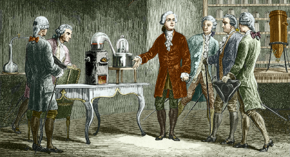 אנטואן לבואזיה (במרכז) מציג את אחד מניסוייו בנושא האוויר. הפריך את תיאוריית הפלוגיסטון | מקור: Science Photo Library