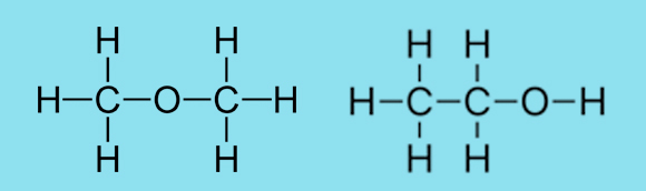 מיקום שונה של אטום החמצן. מימין: אתנול; משמאל: די-מתיל אתר | תרשימים: מריה גורוחובסקי