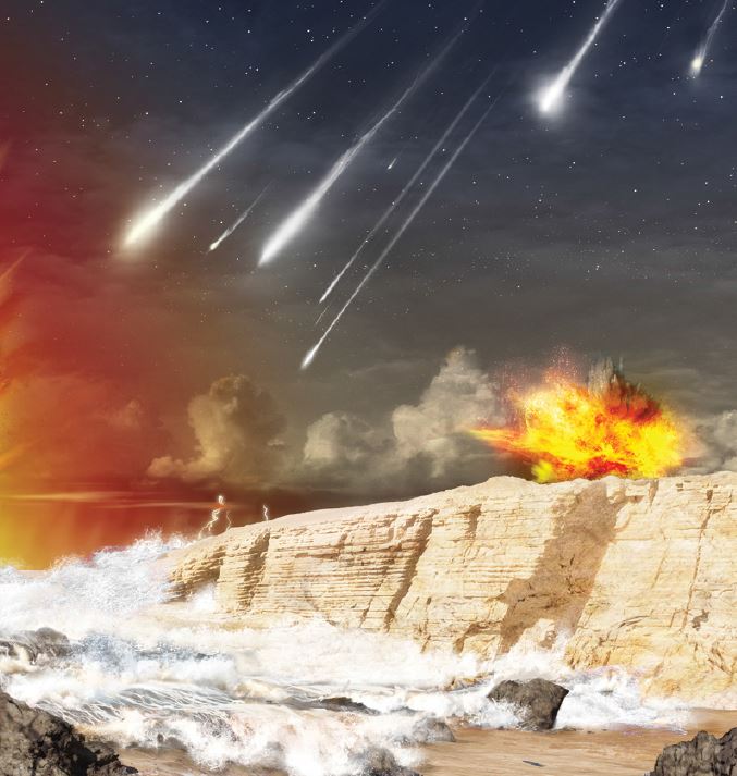 איור אסטרואידים ושביטים נופלים על כדור הארץ הקדום. קרדיט: רון מילר